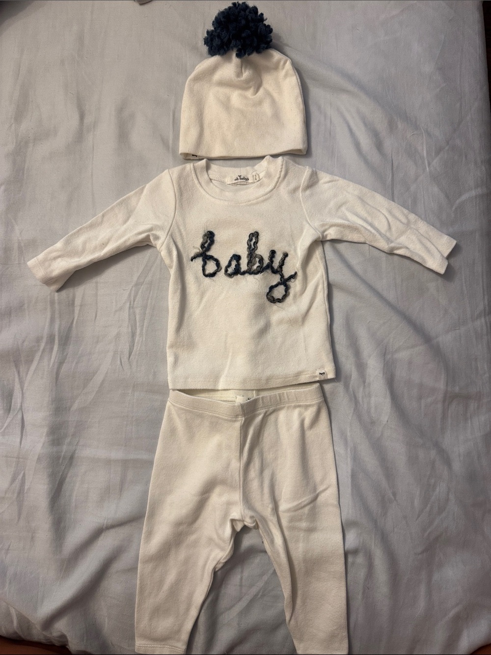 Oh Baby! White 3 Piece Set with Navy Accent and embroided writing 3-6 months